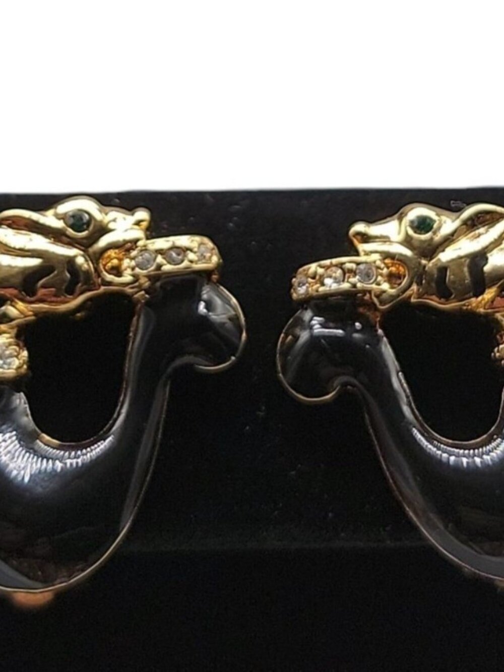 Jackie Collins Rare Clip On Earrings Figural Cougar Loop Black Enamel Rhinestone - Picture 4 of 12